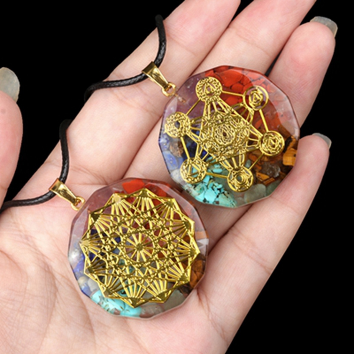 Gold Pattern Resin Polygon 7 Chakra Stone Pendant Necklace 45cm Black Cord