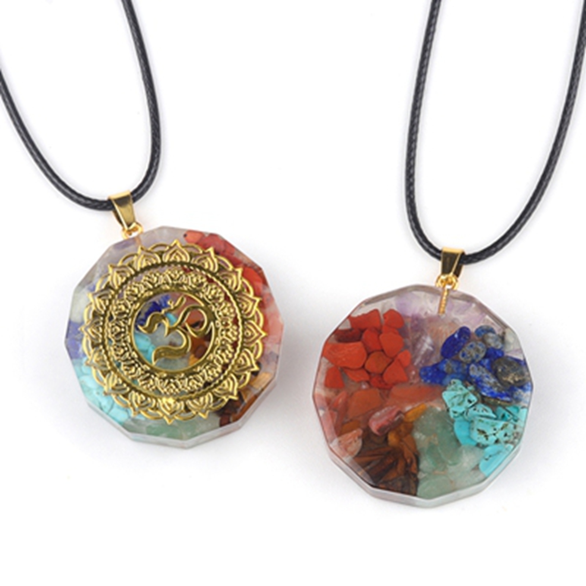 Gold Pattern Resin Polygon 7 Chakra Stone Pendant Necklace 45cm Black Cord