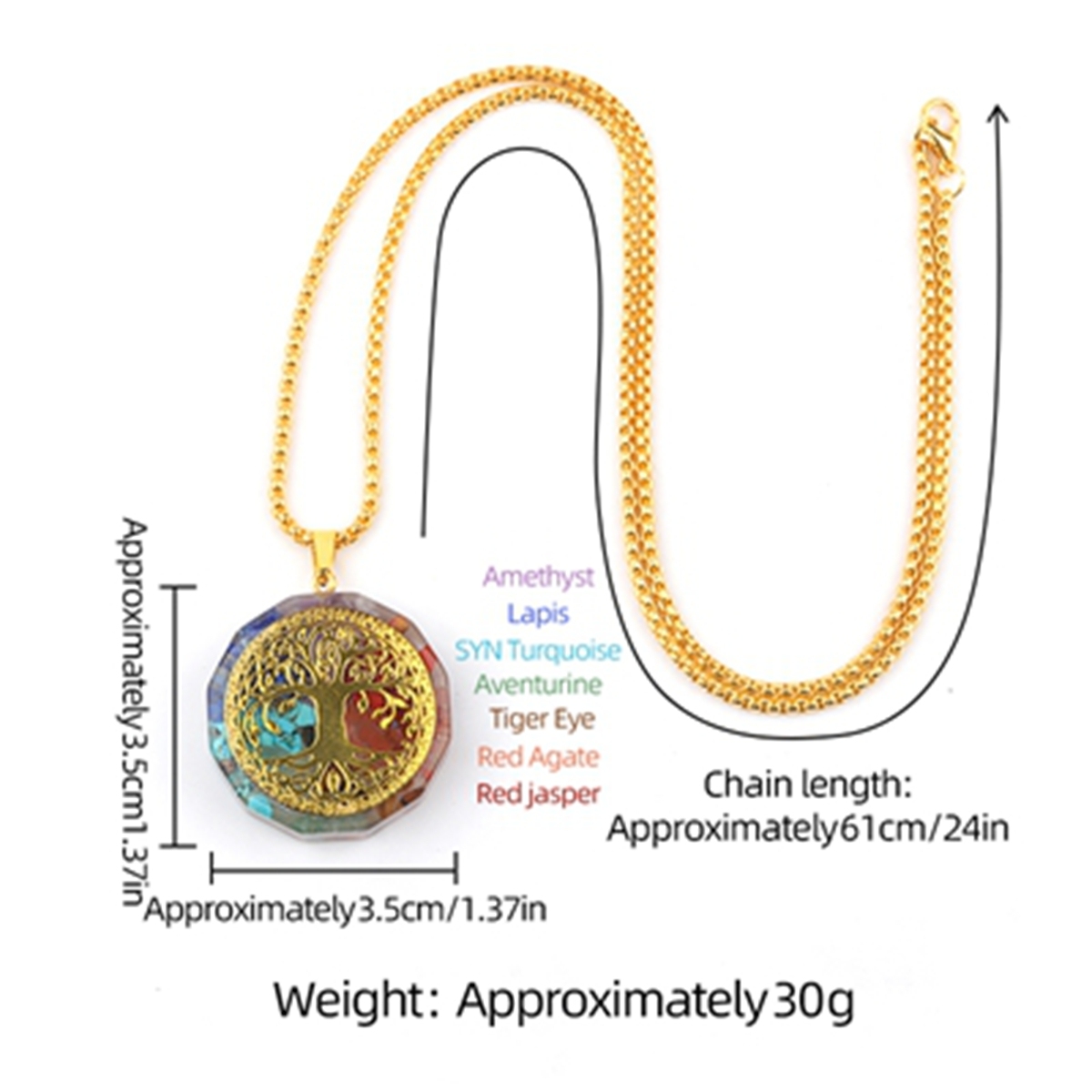 Gold Pattern Resin Polygon 7 Chakra Stone Pendant For DIY Making Jewelry