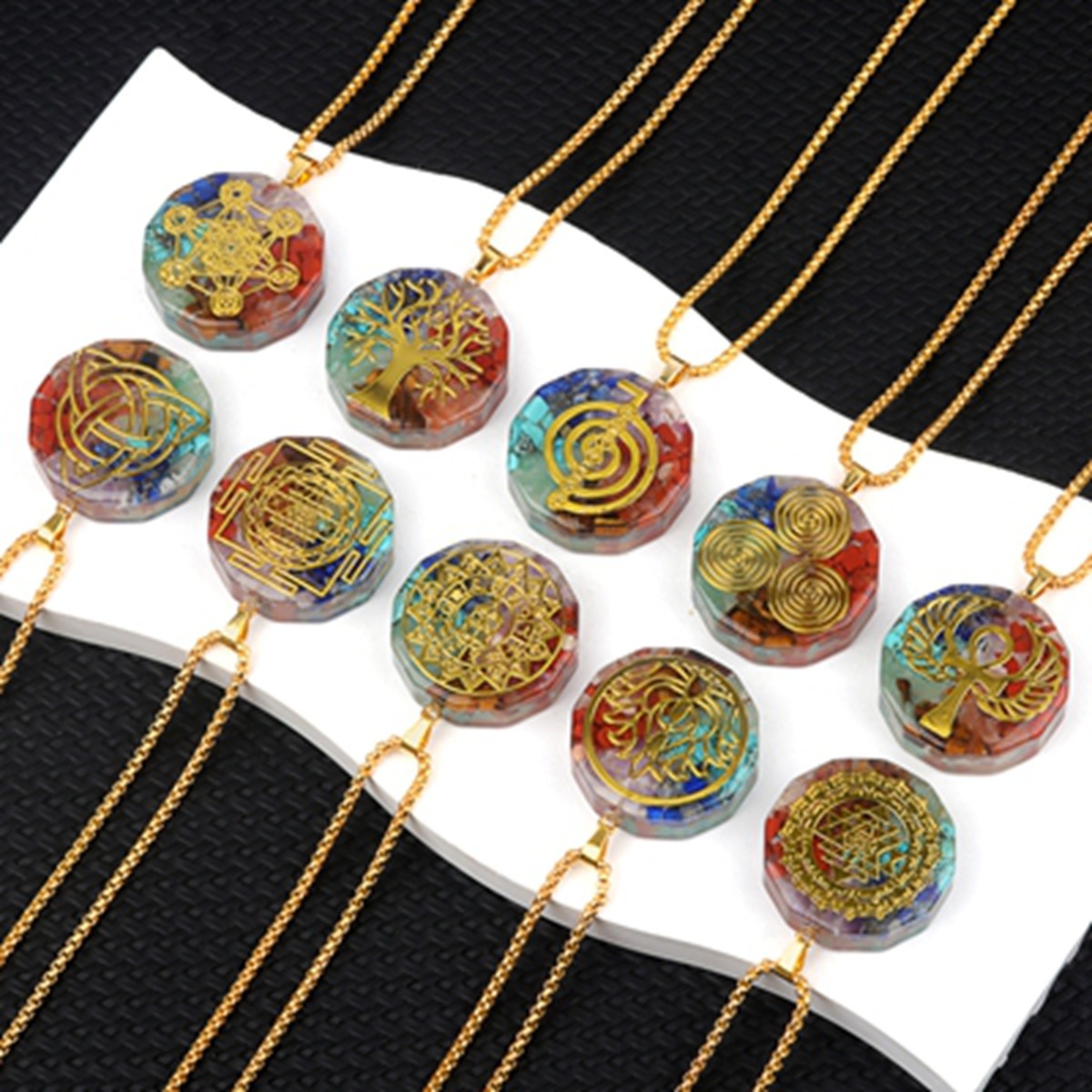 Gold Pattern Resin Polygon 7 Chakra Stone Pendant For DIY Making Jewelry