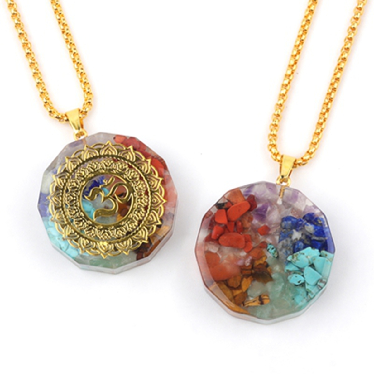 Gold Pattern Resin Polygon 7 Chakra Stone Pendant Necaklace 60cm Snake Chain