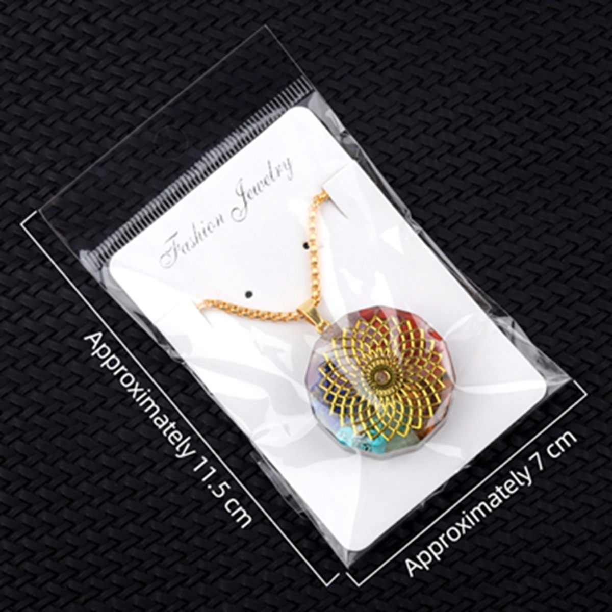Gold Pattern Resin Polygon 7 Chakra Stone Pendant Necaklace 60cm Snake Chain