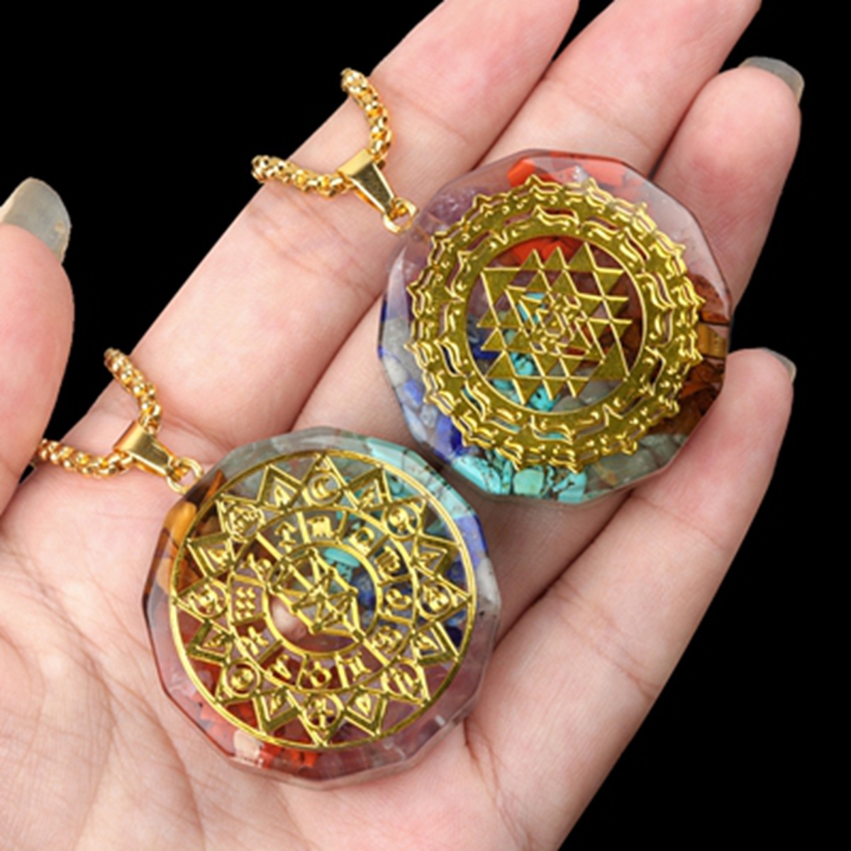 Gold Pattern Resin Polygon 7 Chakra Stone Pendant Necaklace 60cm Snake Chain