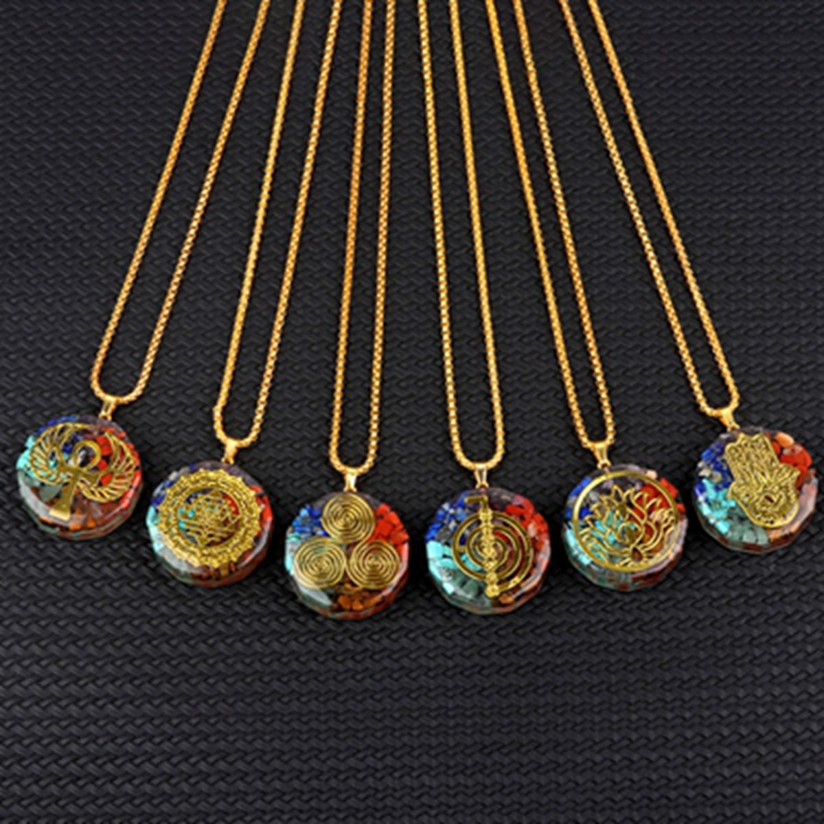 Gold Pattern Resin Polygon 7 Chakra Stone Pendant Necaklace 60cm Snake Chain