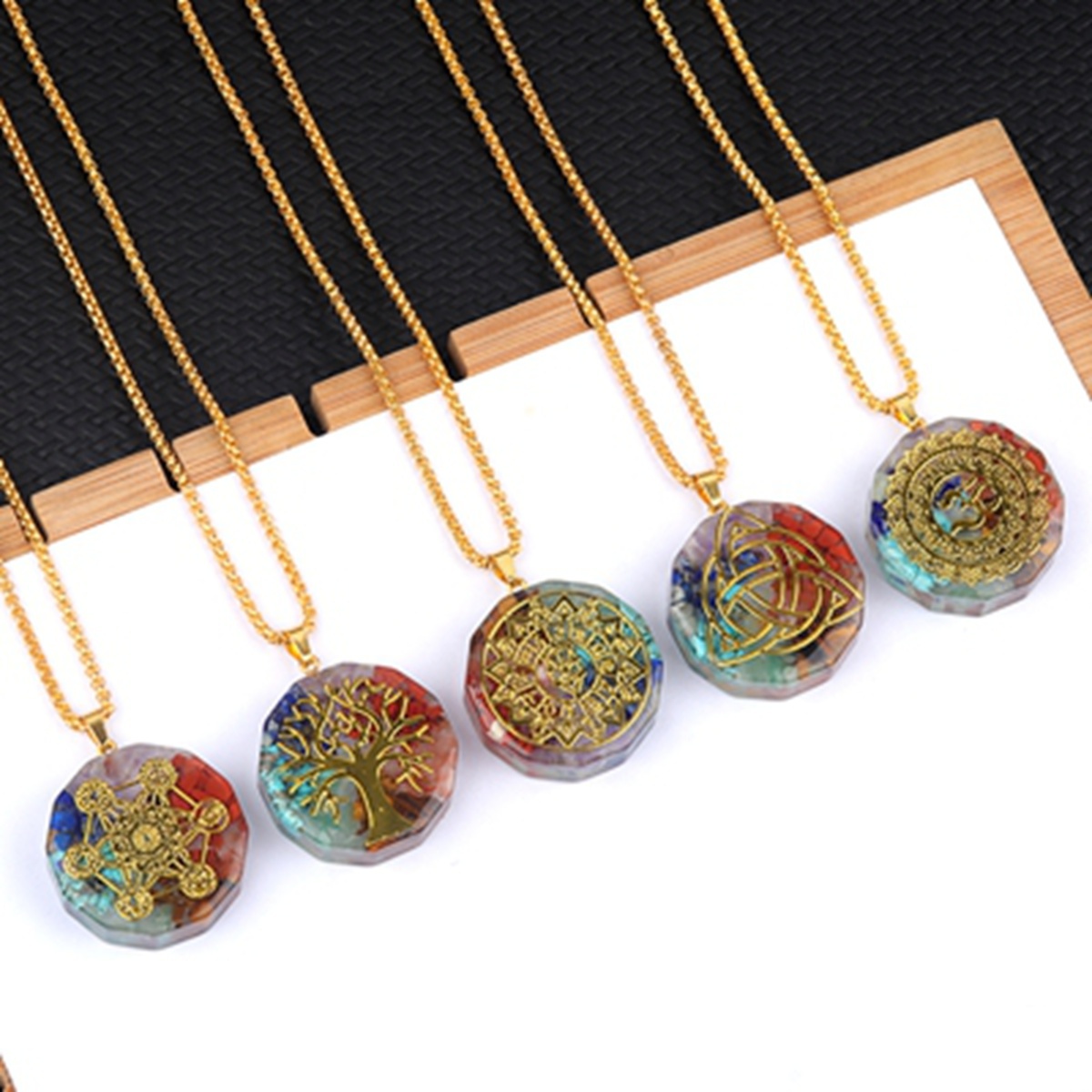 Gold Pattern Resin Polygon 7 Chakra Stone Pendant Necaklace 60cm Snake Chain