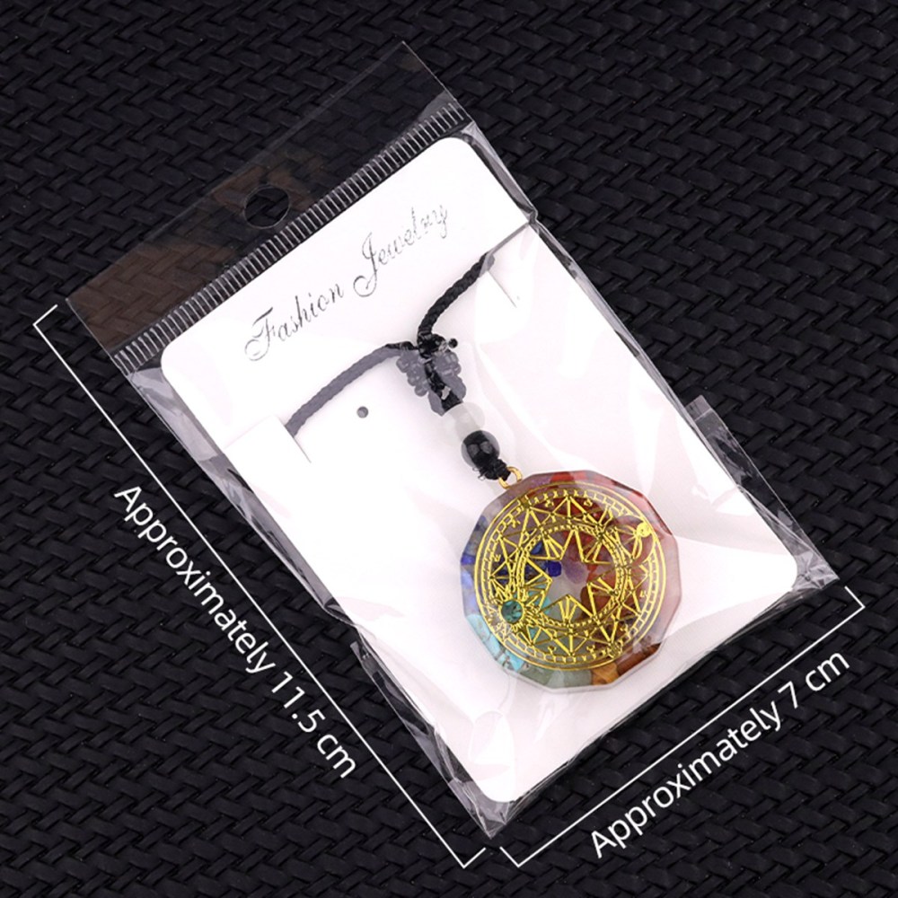 Gold Pattern Resin Polygon 7 Chakra Stone Pendant Necklace Adjustable Rope