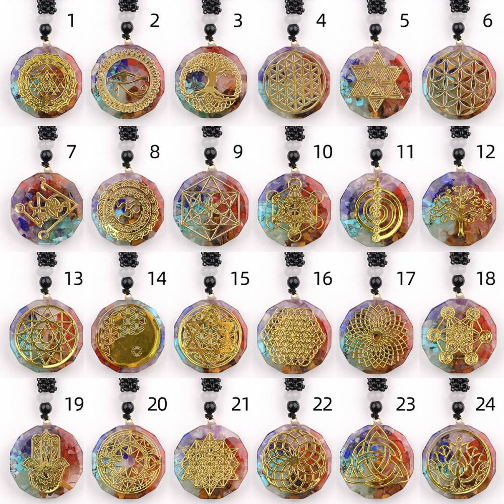 Gold Pattern Resin Polygon 7 Chakra Stone Pendant For DIY Making Jewelry