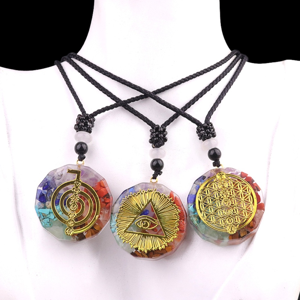 Gold Pattern Resin Polygon 7 Chakra Stone Pendant Necklace Adjustable Rope