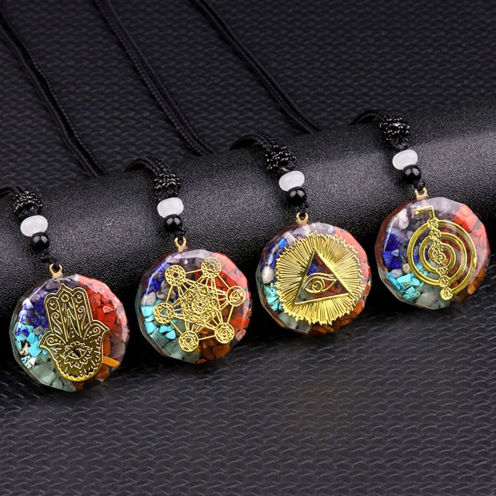 Gold Pattern Resin Polygon 7 Chakra Stone Pendant Necklace Adjustable Rope