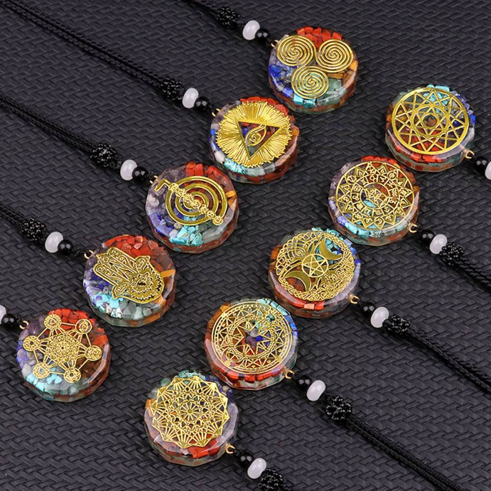 Gold Pattern Resin Polygon 7 Chakra Stone Pendant Necklace Adjustable Rope