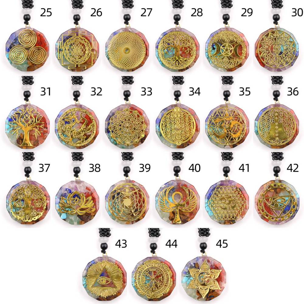 Gold Pattern Resin Polygon 7 Chakra Stone Pendant Necklace Adjustable Rope