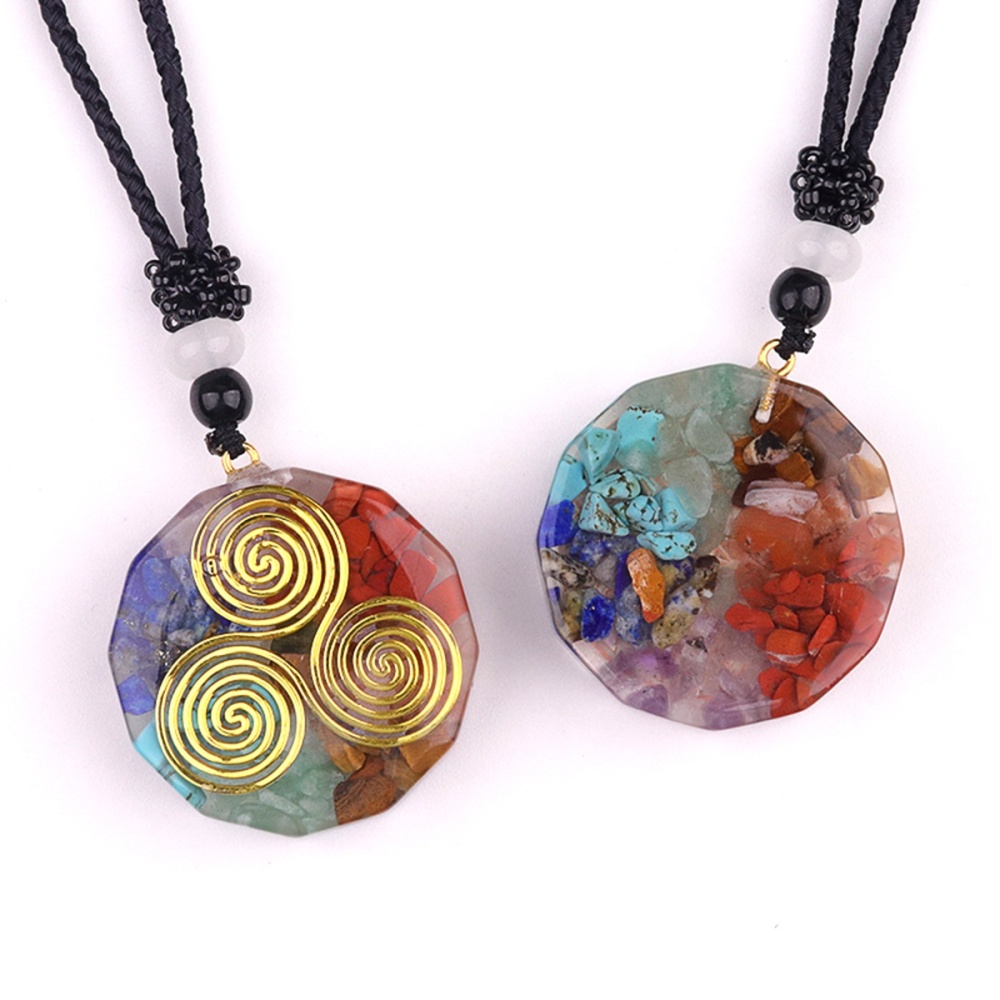 Gold Pattern Resin Polygon 7 Chakra Stone Pendant Necklace Adjustable Rope