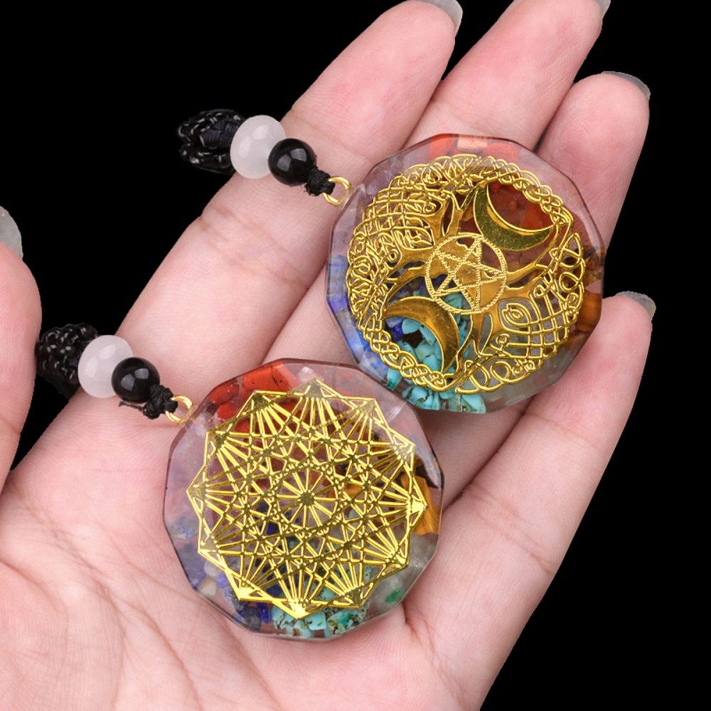 Gold Pattern Resin Polygon 7 Chakra Stone Pendant Necklace Adjustable Rope