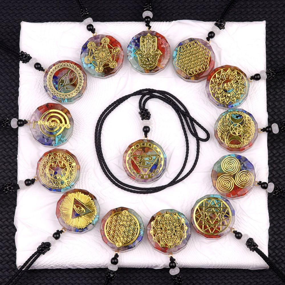 Gold Pattern Resin Polygon 7 Chakra Stone Pendant Necklace Adjustable Rope