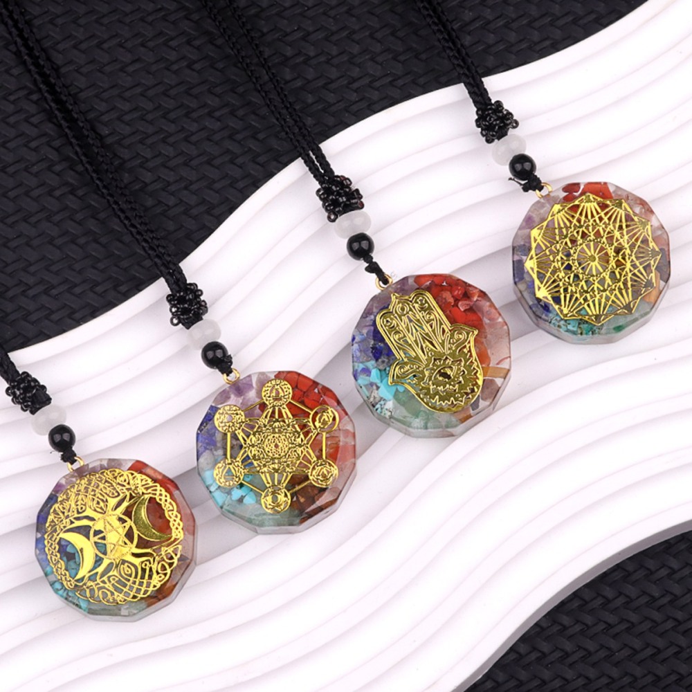 Gold Pattern Resin Polygon 7 Chakra Stone Pendant Necklace Adjustable Rope