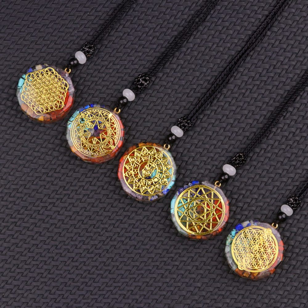 Gold Pattern Resin Polygon 7 Chakra Stone Pendant Necklace Adjustable Rope