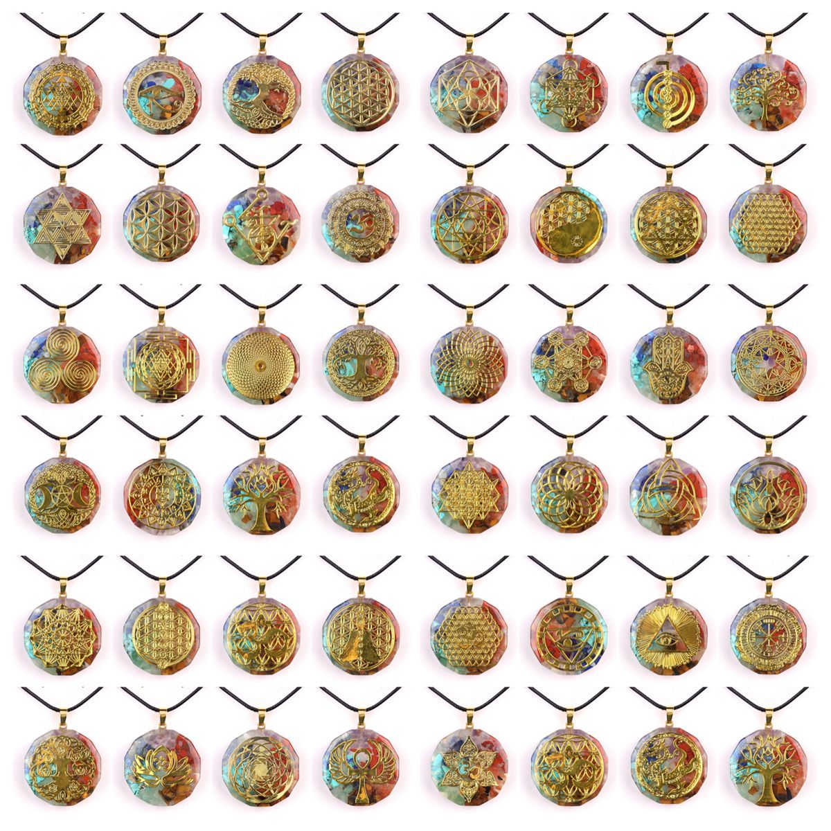 Gold Pattern Resin Polygon 7 Chakra Stone Pendant Necklace 45cm Black Cord