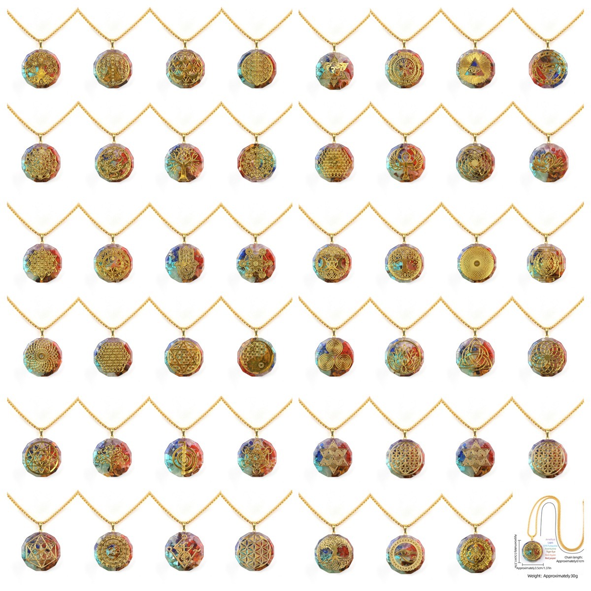 Gold Pattern Resin Polygon 7 Chakra Stone Pendant Necaklace 60cm Snake Chain