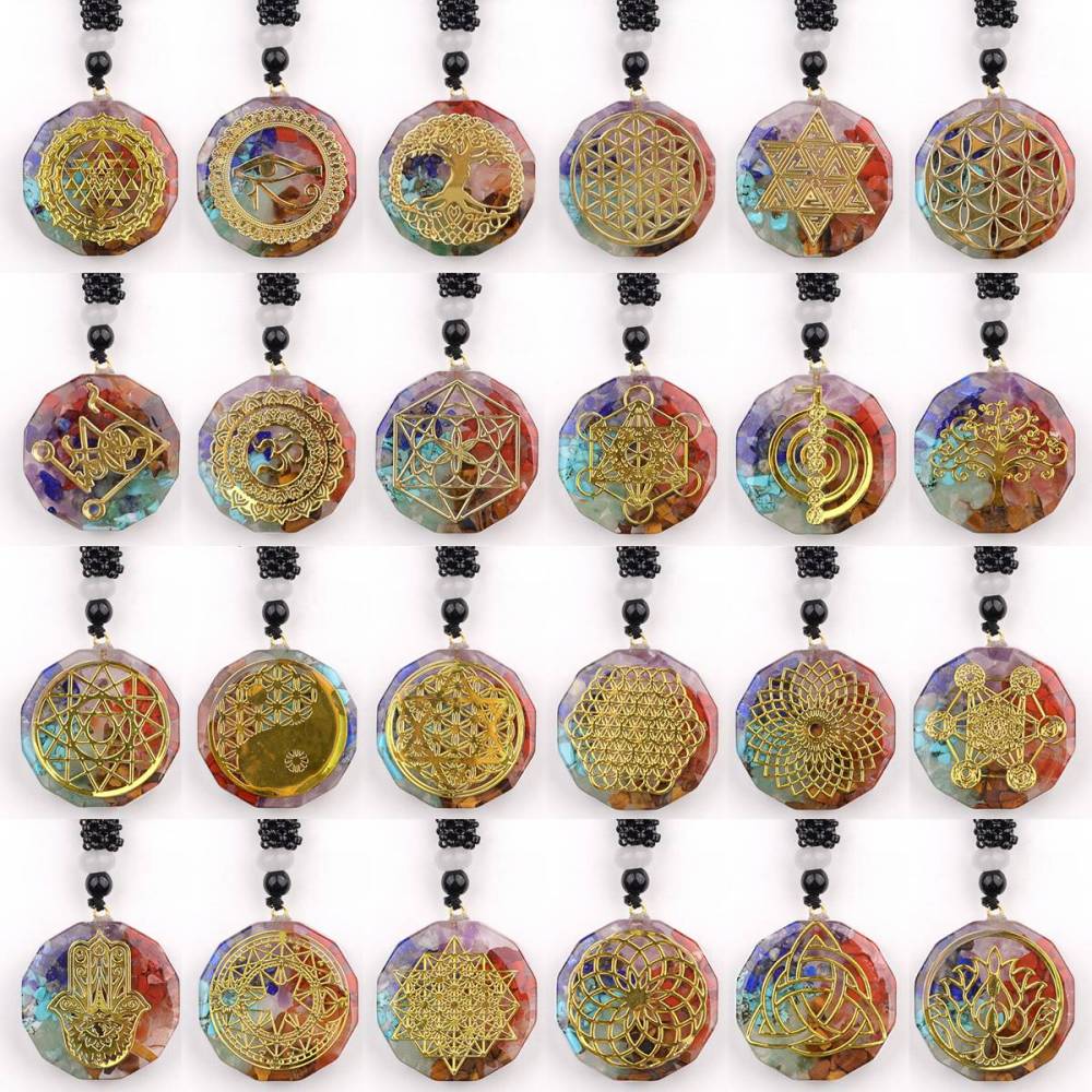 Gold Pattern Resin Polygon 7 Chakra Stone Pendant Necklace Adjustable Rope