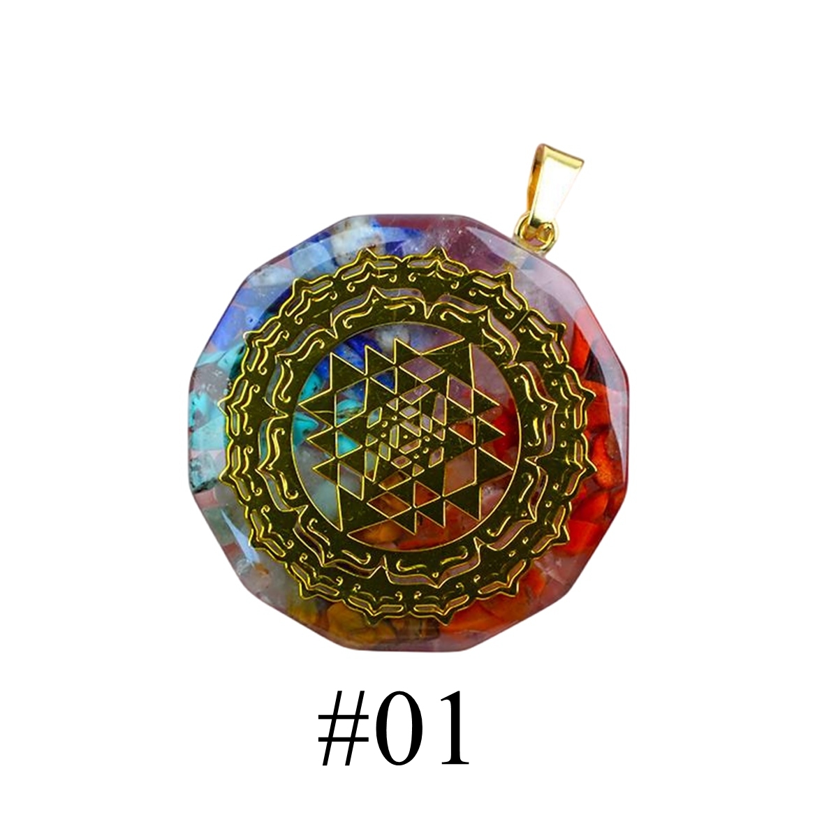 Gold Pattern Resin Polygon 7 Chakra Stone Pendant For DIY Making Jewelry