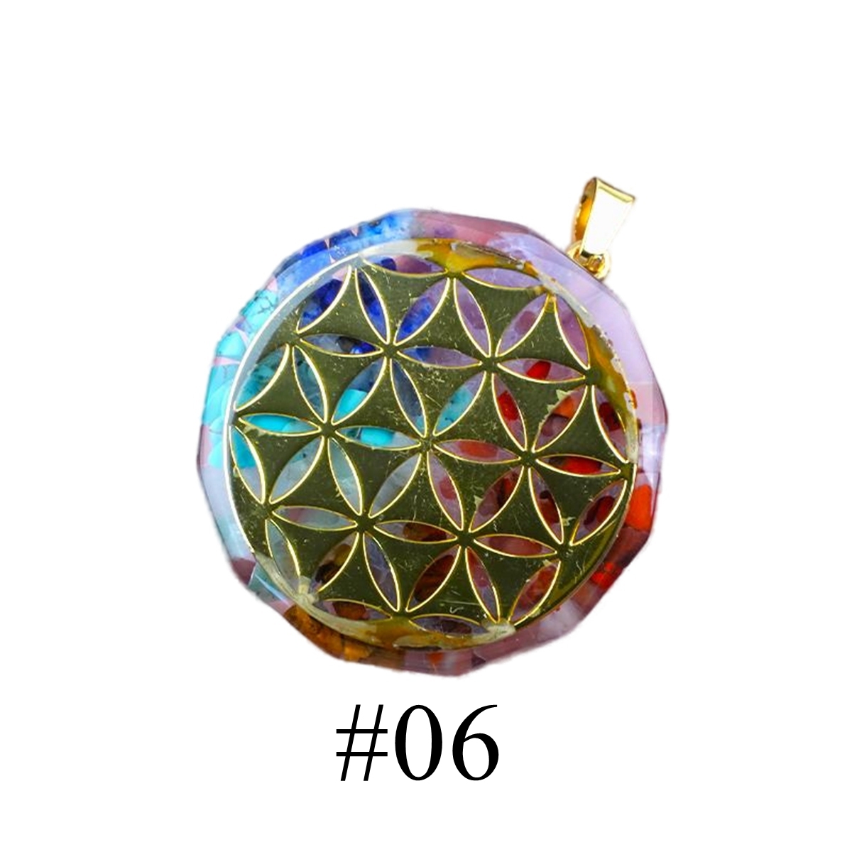 Gold Pattern Resin Polygon 7 Chakra Stone Pendant For DIY Making Jewelry