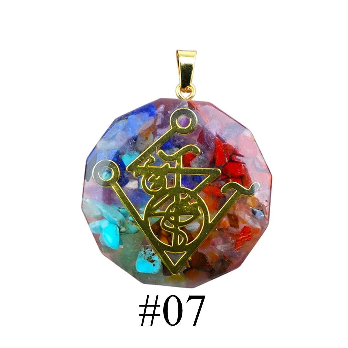 Gold Pattern Resin Polygon 7 Chakra Stone Pendant For DIY Making Jewelry