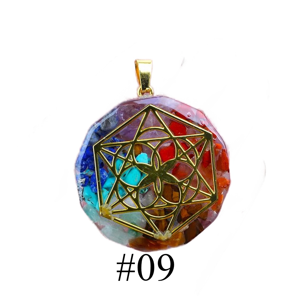 Gold Pattern Resin Polygon 7 Chakra Stone Pendant For DIY Making Jewelry