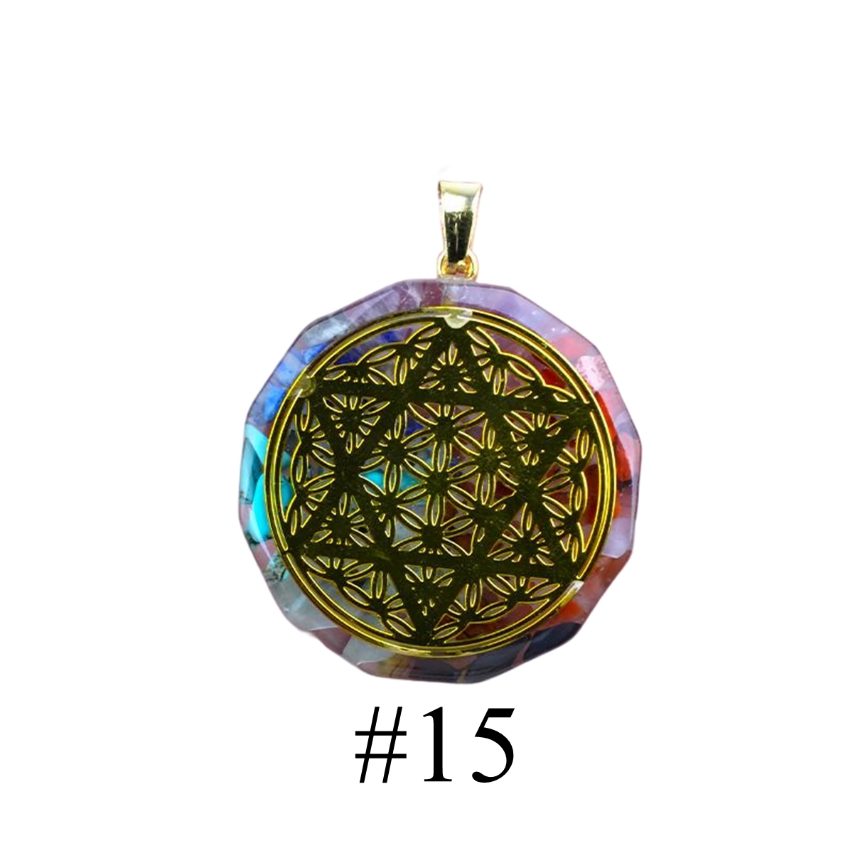 Gold Pattern Resin Polygon 7 Chakra Stone Pendant For DIY Making Jewelry