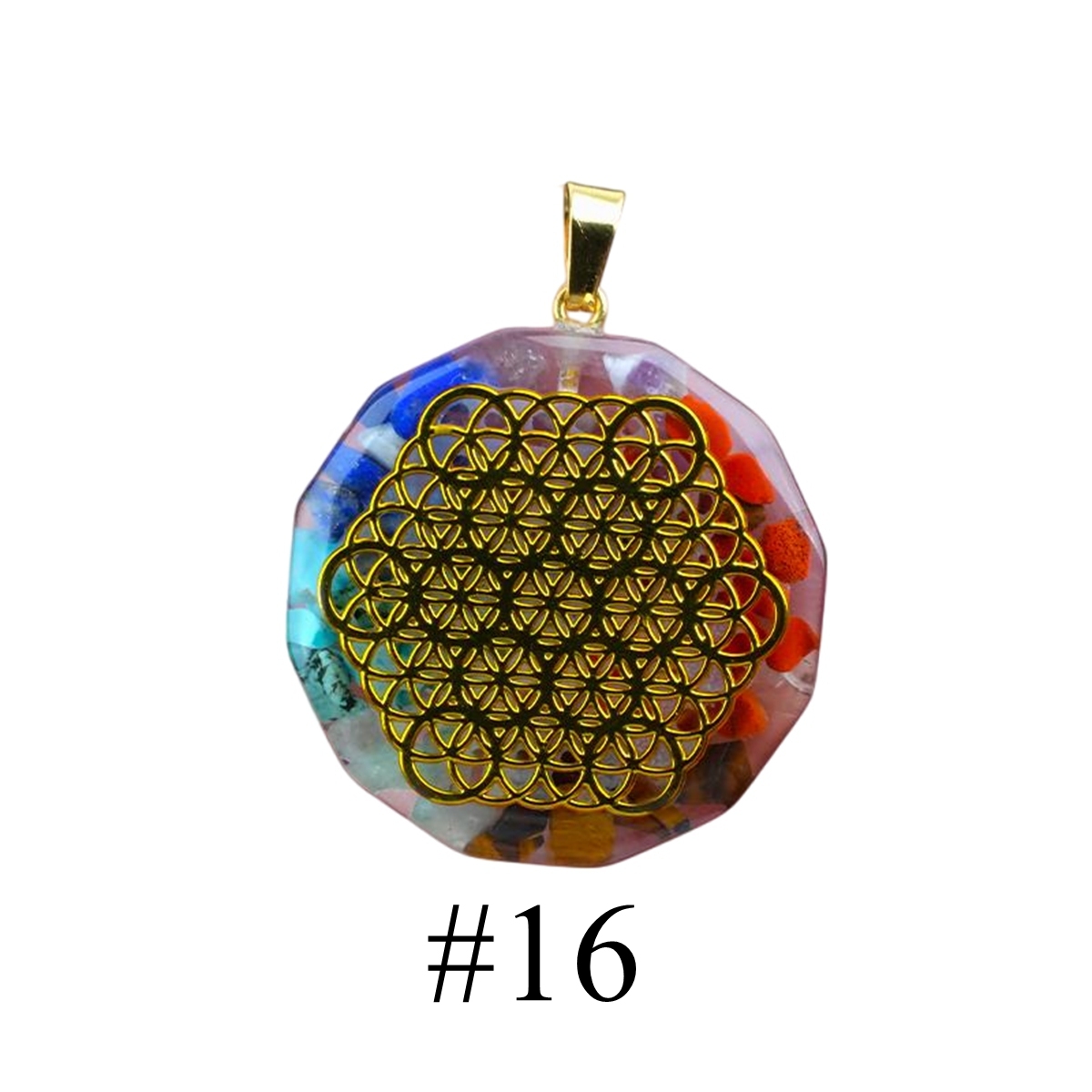 Gold Pattern Resin Polygon 7 Chakra Stone Pendant For DIY Making Jewelry