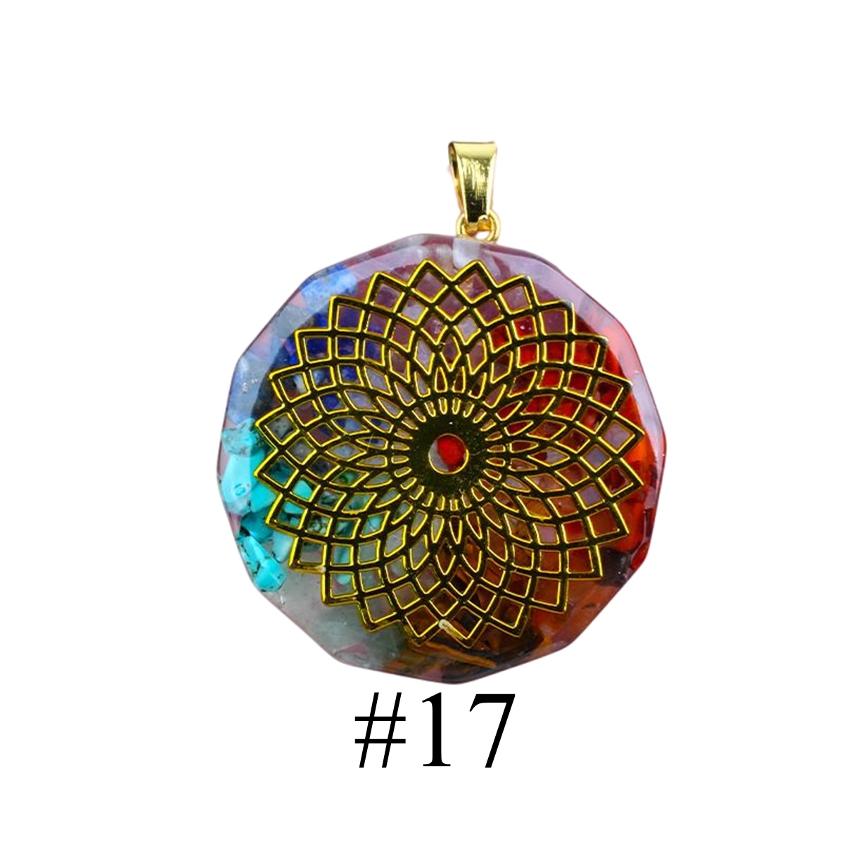 Gold Pattern Resin Polygon 7 Chakra Stone Pendant For DIY Making Jewelry