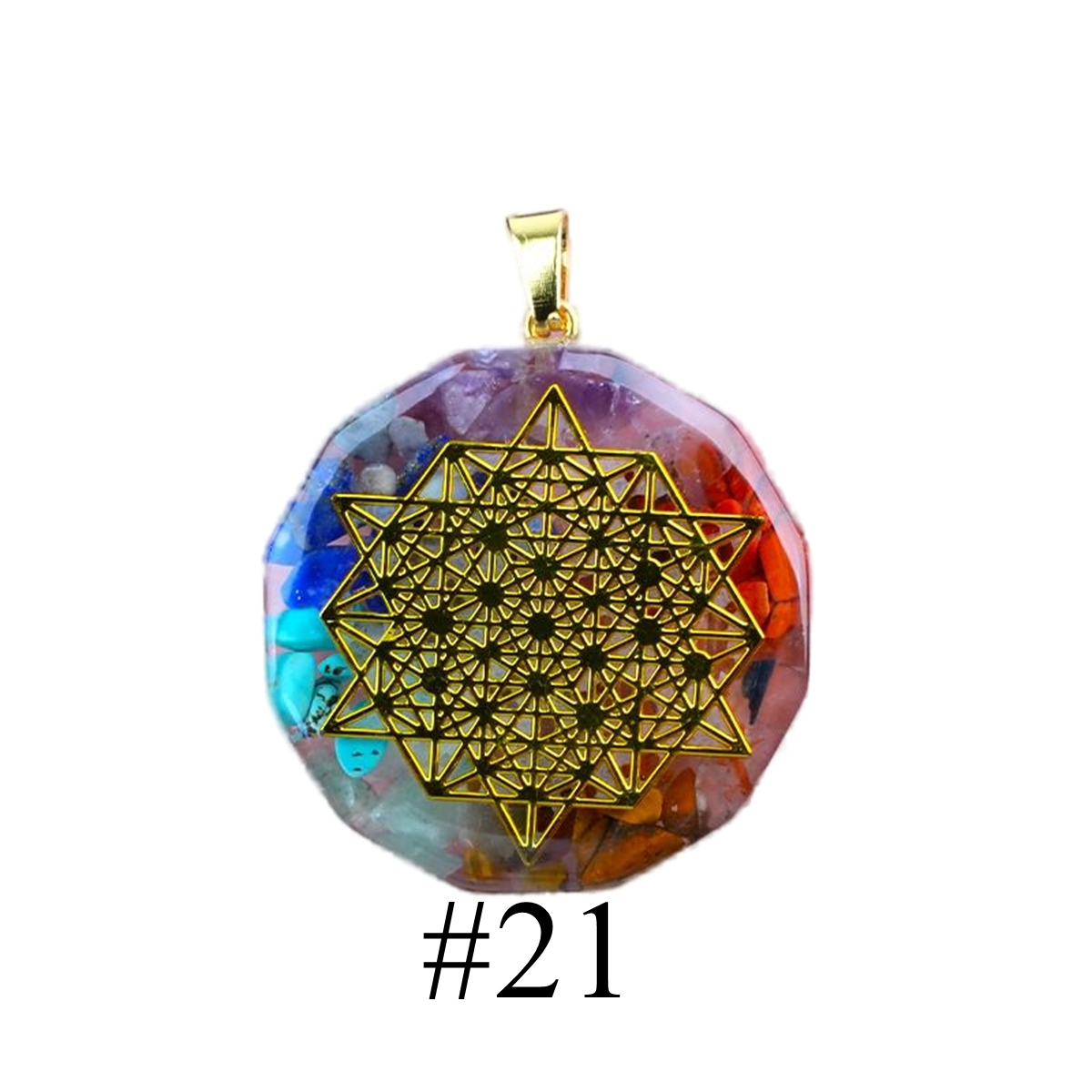 Gold Pattern Resin Polygon 7 Chakra Stone Pendant For DIY Making Jewelry
