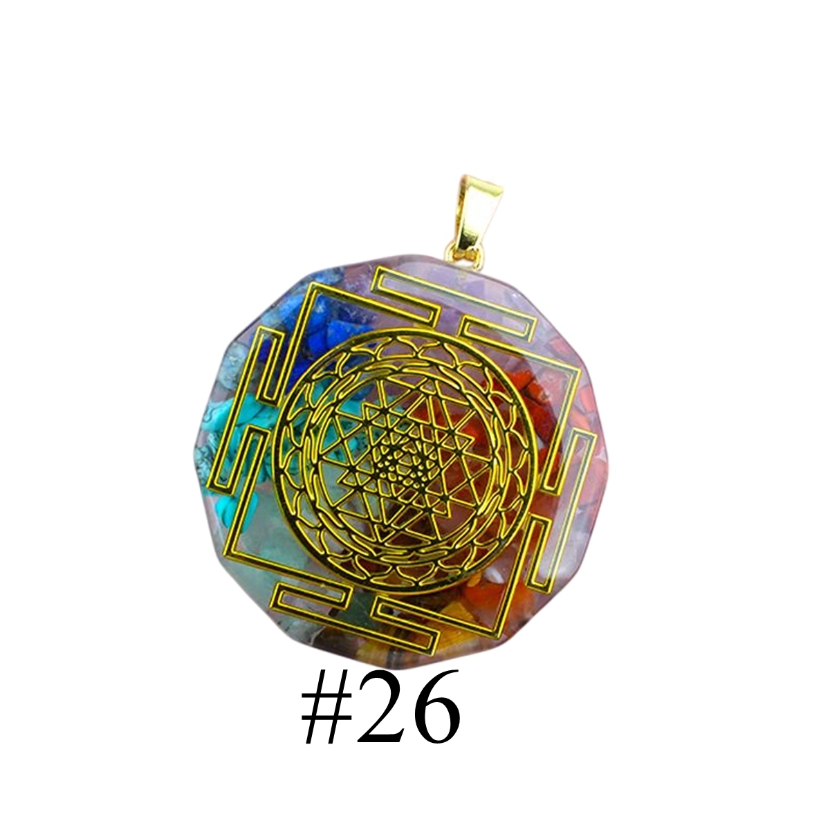 Gold Pattern Resin Polygon 7 Chakra Stone Pendant For DIY Making Jewelry
