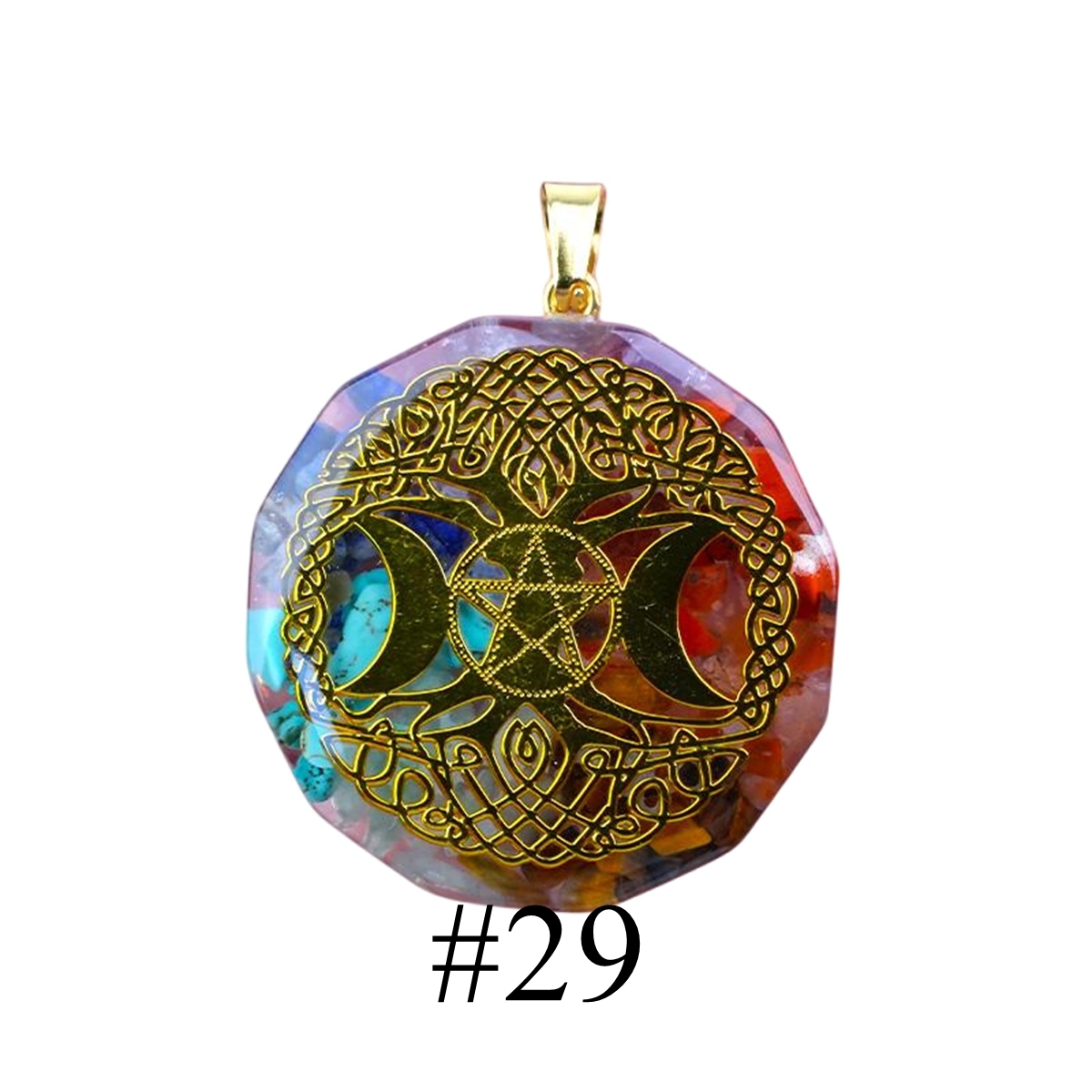 Gold Pattern Resin Polygon 7 Chakra Stone Pendant For DIY Making Jewelry