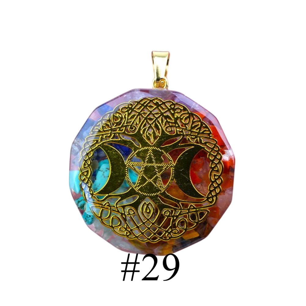 Gold Pattern Resin Polygon 7 Chakra Stone Pendant For DIY Making Jewelry