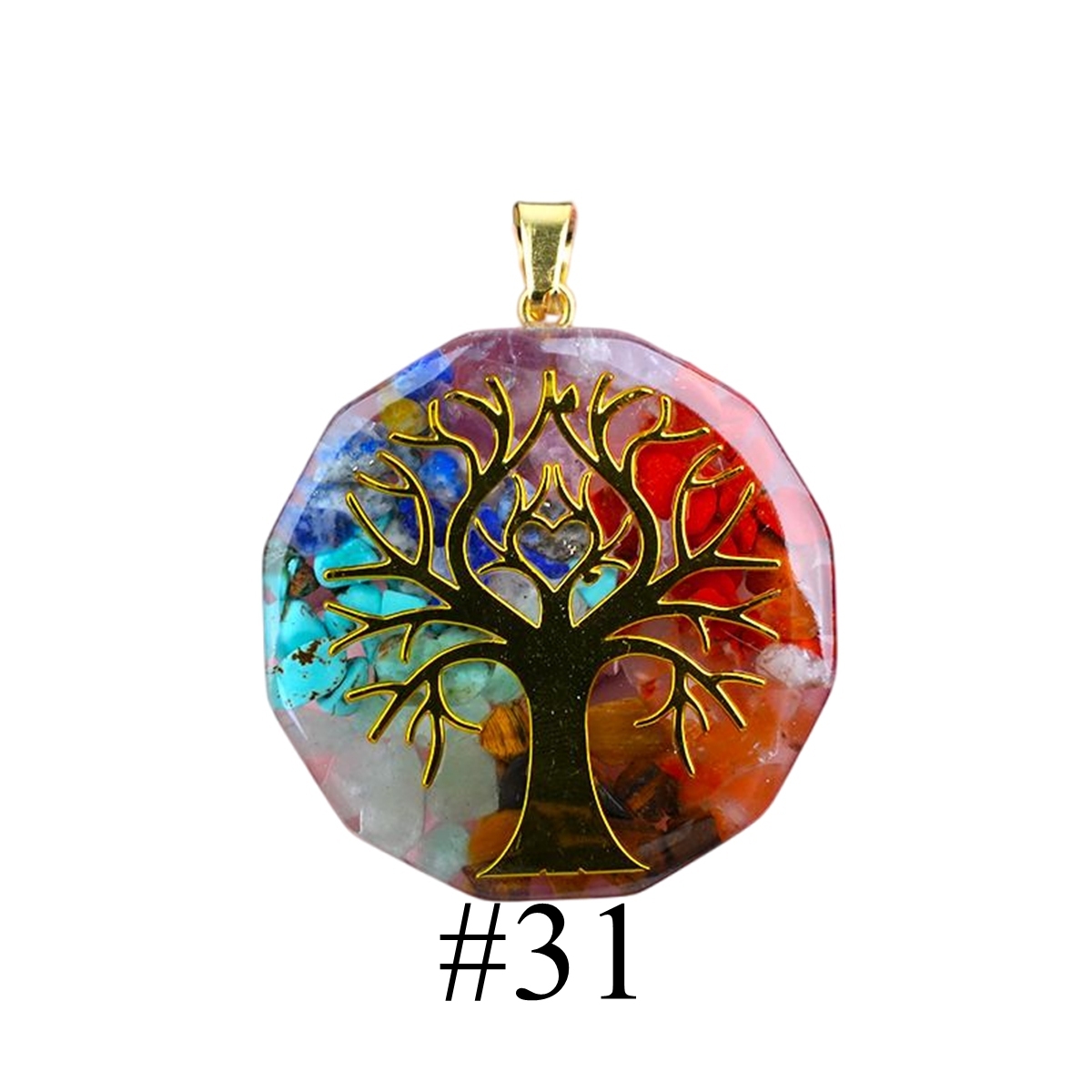 Gold Pattern Resin Polygon 7 Chakra Stone Pendant For DIY Making Jewelry