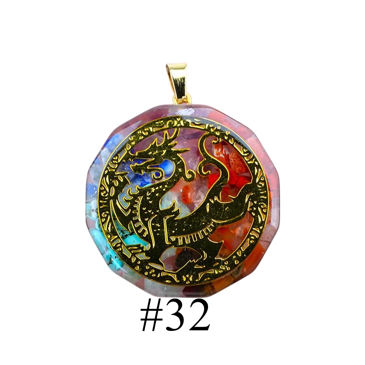 Gold Pattern Resin Polygon 7 Chakra Stone Pendant For DIY Making Jewelry