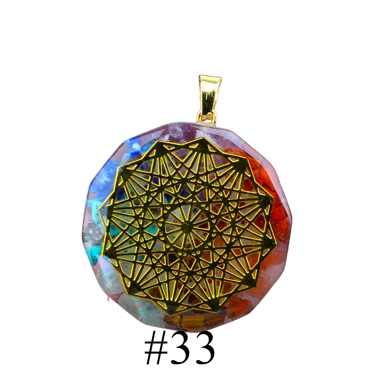 Gold Pattern Resin Polygon 7 Chakra Stone Pendant For DIY Making Jewelry