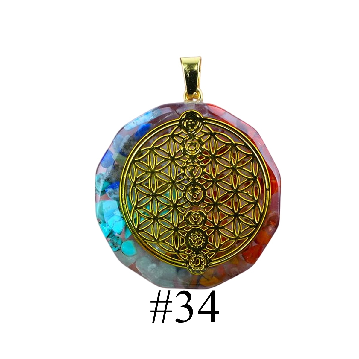 Gold Pattern Resin Polygon 7 Chakra Stone Pendant For DIY Making Jewelry