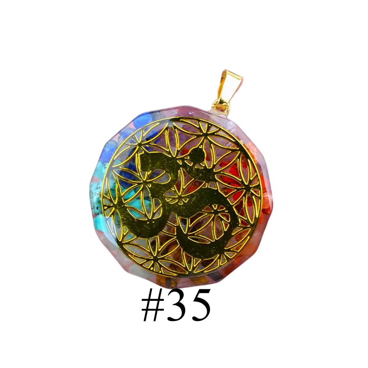 Gold Pattern Resin Polygon 7 Chakra Stone Pendant For DIY Making Jewelry