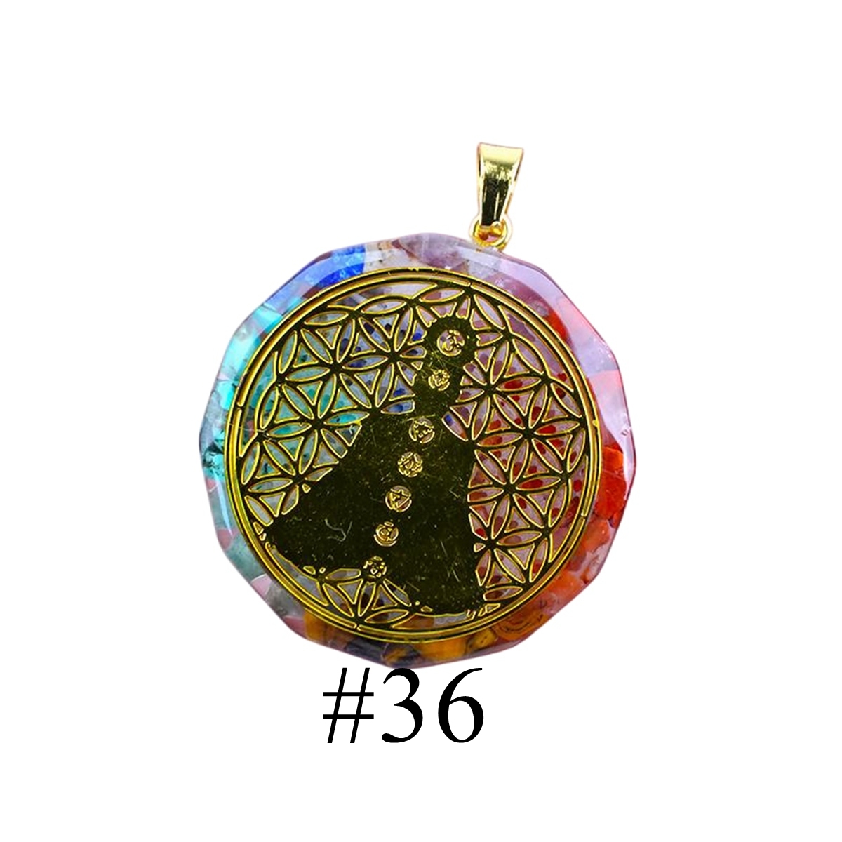 Gold Pattern Resin Polygon 7 Chakra Stone Pendant For DIY Making Jewelry