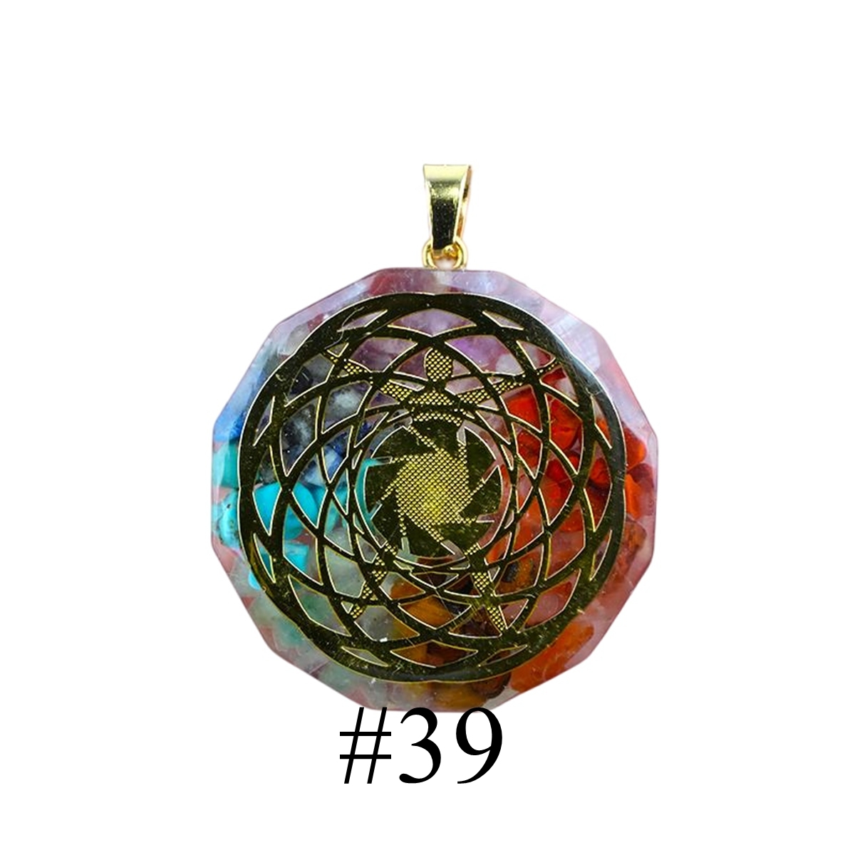 Gold Pattern Resin Polygon 7 Chakra Stone Pendant For DIY Making Jewelry