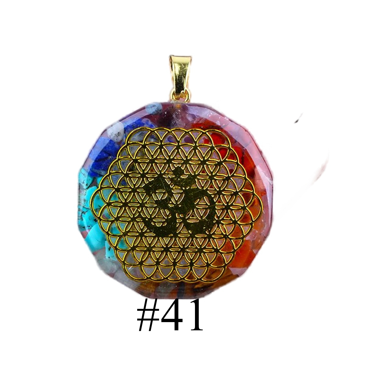 Gold Pattern Resin Polygon 7 Chakra Stone Pendant For DIY Making Jewelry