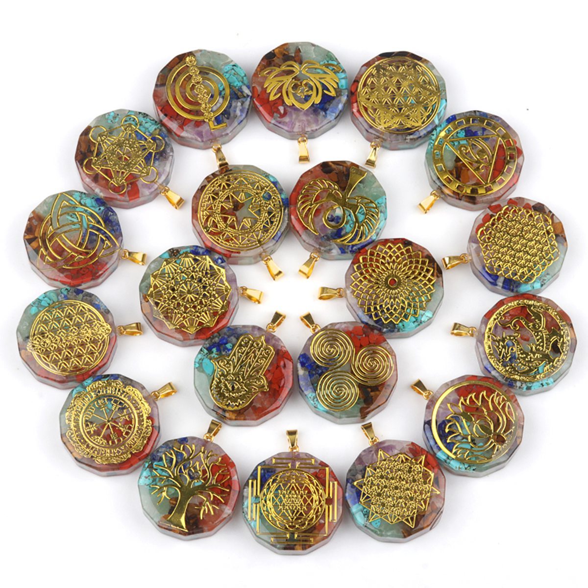 Gold Pattern Resin Polygon 7 Chakra Stone Pendant For DIY Making Jewelry