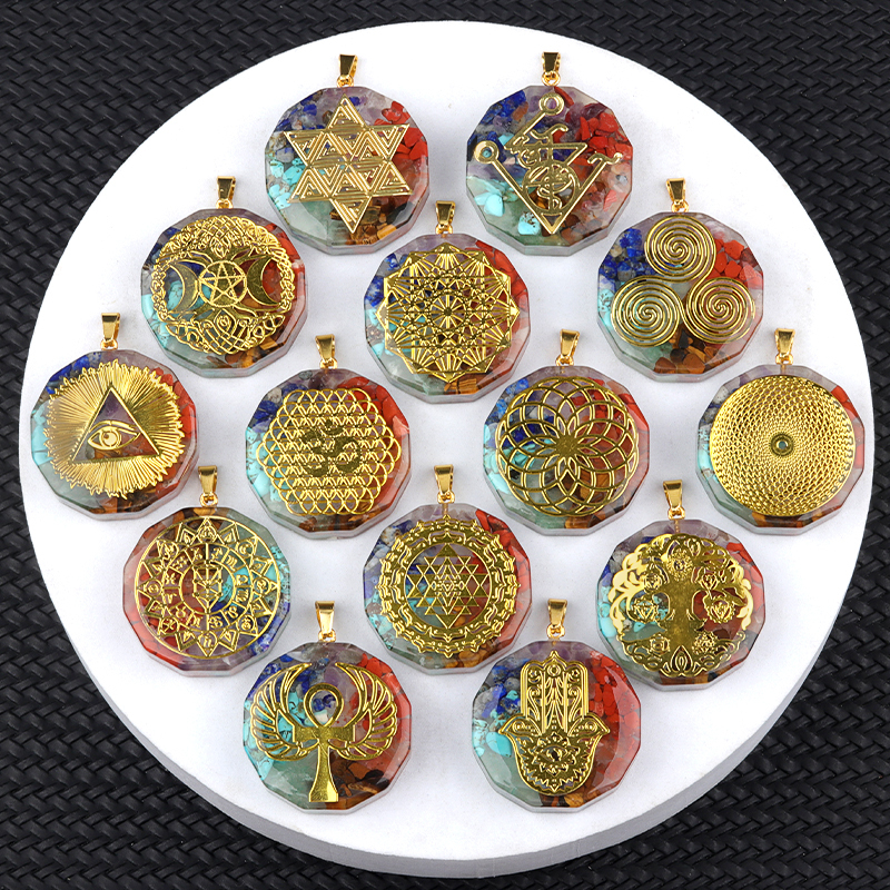 Gold Pattern Resin Polygon 7 Chakra Stone Pendant For DIY Making Jewelry
