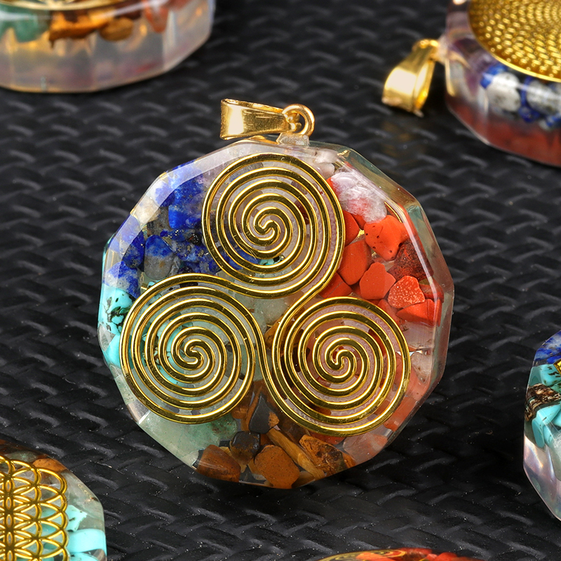 Gold Pattern Resin Polygon 7 Chakra Stone Pendant For DIY Making Jewelry