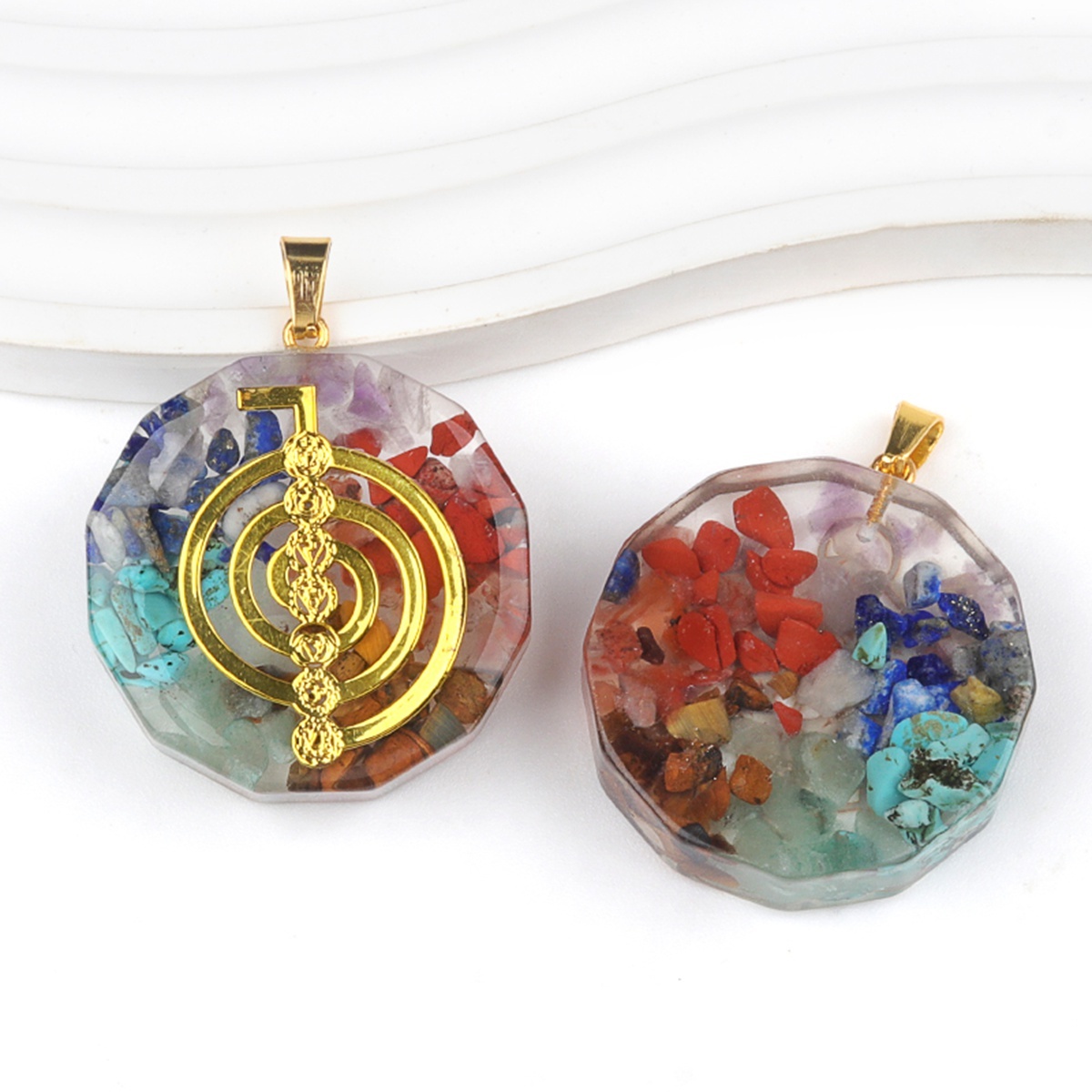 Gold Pattern Resin Polygon 7 Chakra Stone Pendant For DIY Making Jewelry