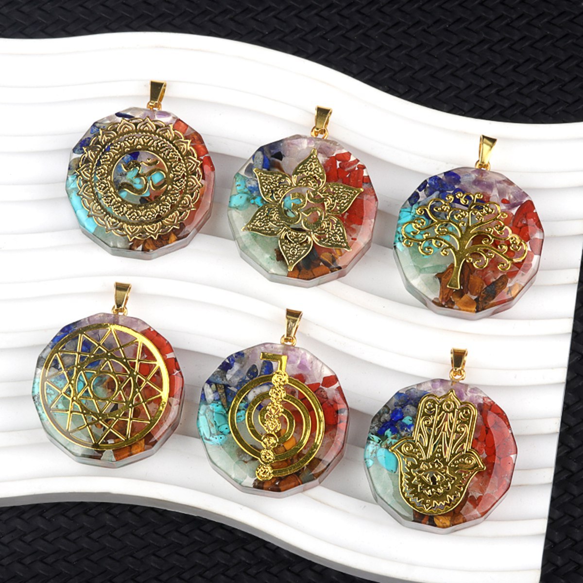 Gold Pattern Resin Polygon 7 Chakra Stone Pendant For DIY Making Jewelry