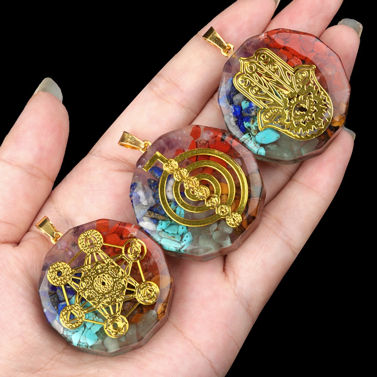 Gold Pattern Resin Polygon 7 Chakra Stone Pendant For DIY Making Jewelry