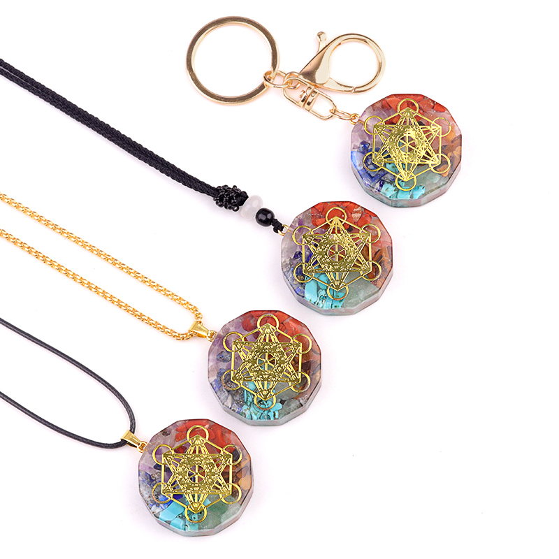 Gold Pattern Resin Polygon 7 Chakra Stone Pendant For DIY Making Jewelry