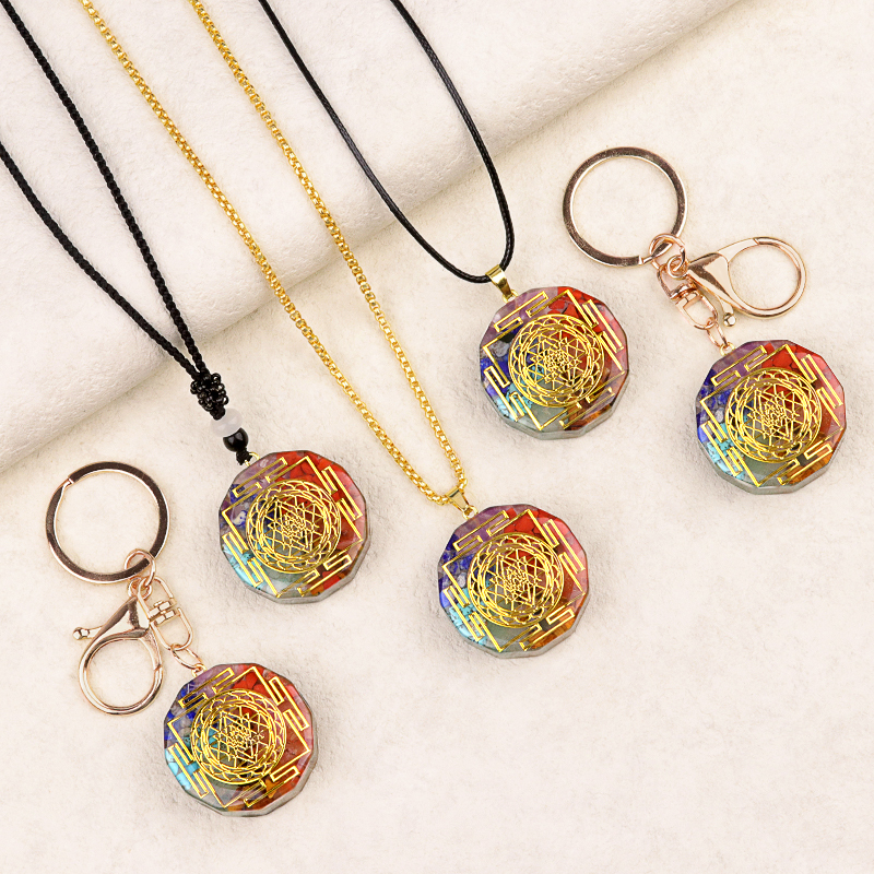 Gold Pattern Resin Polygon 7 Chakra Stone Pendant For DIY Making Jewelry